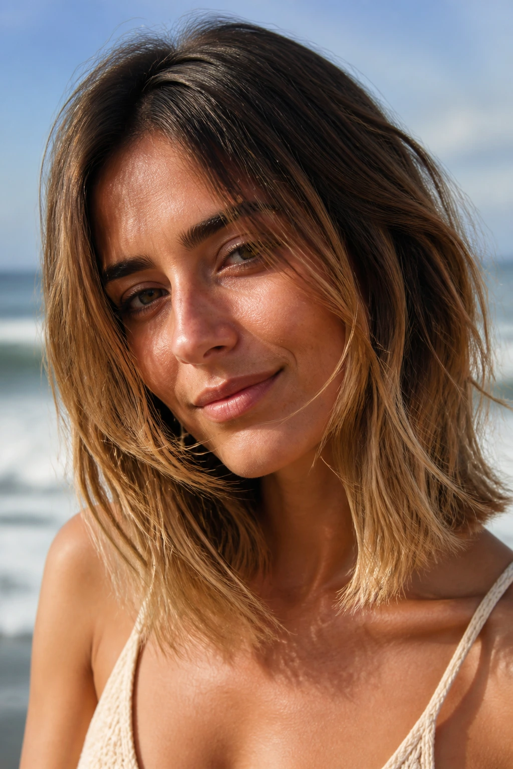 Close-up portrait of shoulder-length sandy caramel balayage highlighting at collarbone