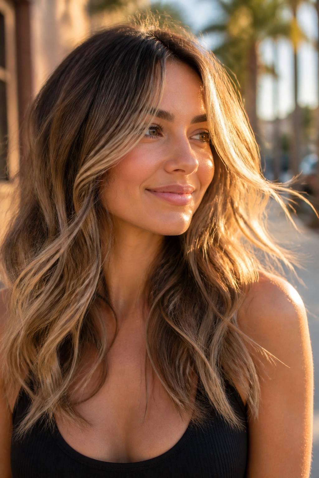 Portrait of a woman with sandy honey balayage in sun-lit movement