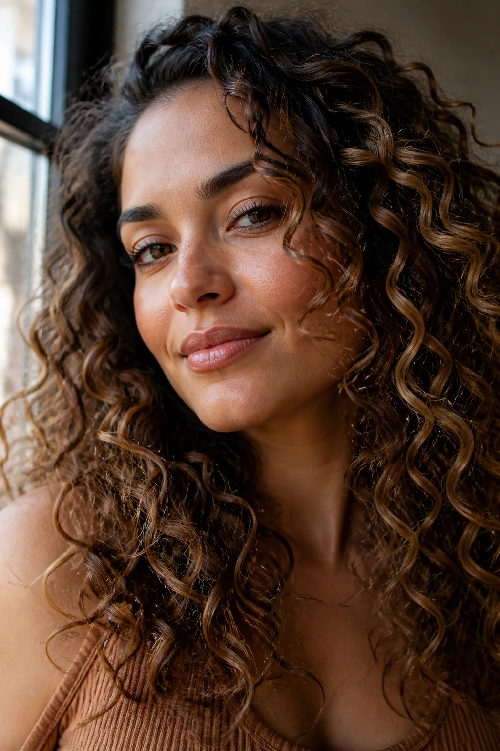 Portrait of a woman with curly hair and medium skin tone showing warm balayage ribbons