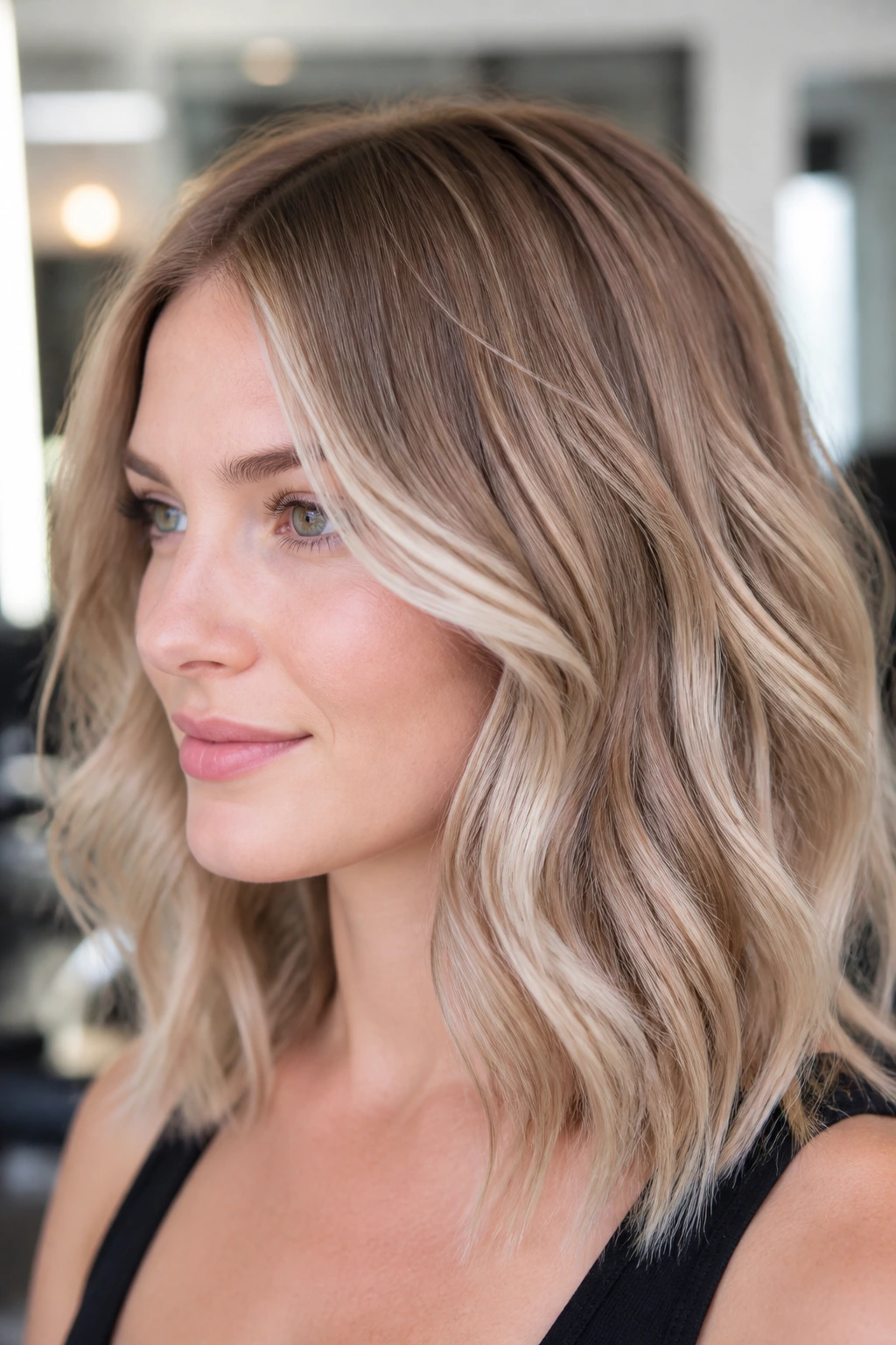 Close-up portrait of a real person with soft balayage beige, champagne, and pearl tones in a salon setting.