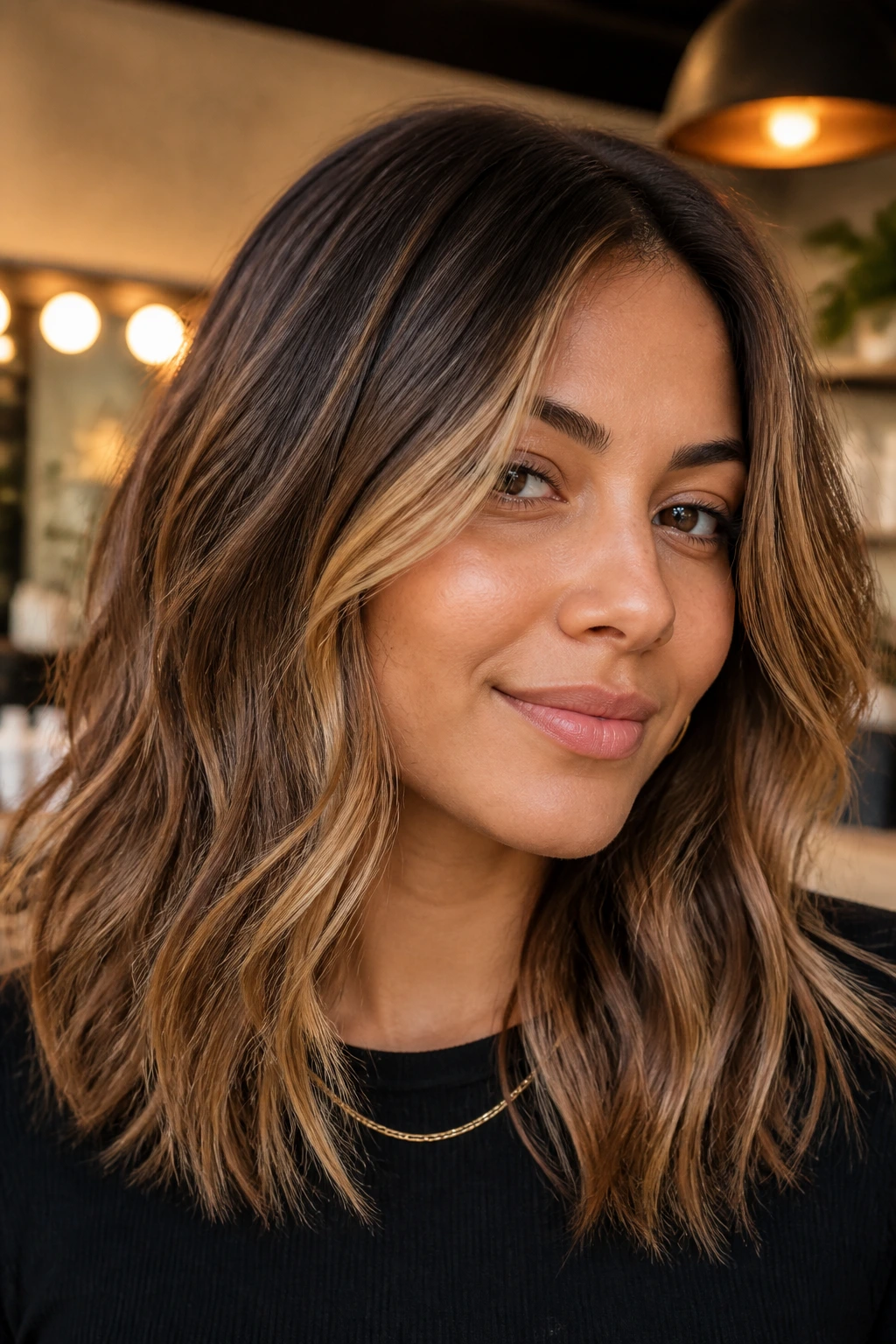 Portrait of a person with honey-mushroom-bronze balayage in balanced placement