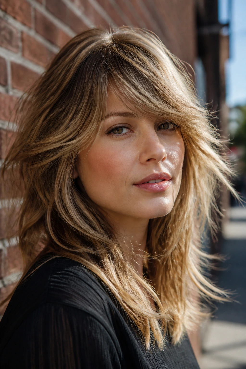 Close-up portrait of a real person with dark blonde shag and side-swept bangs.