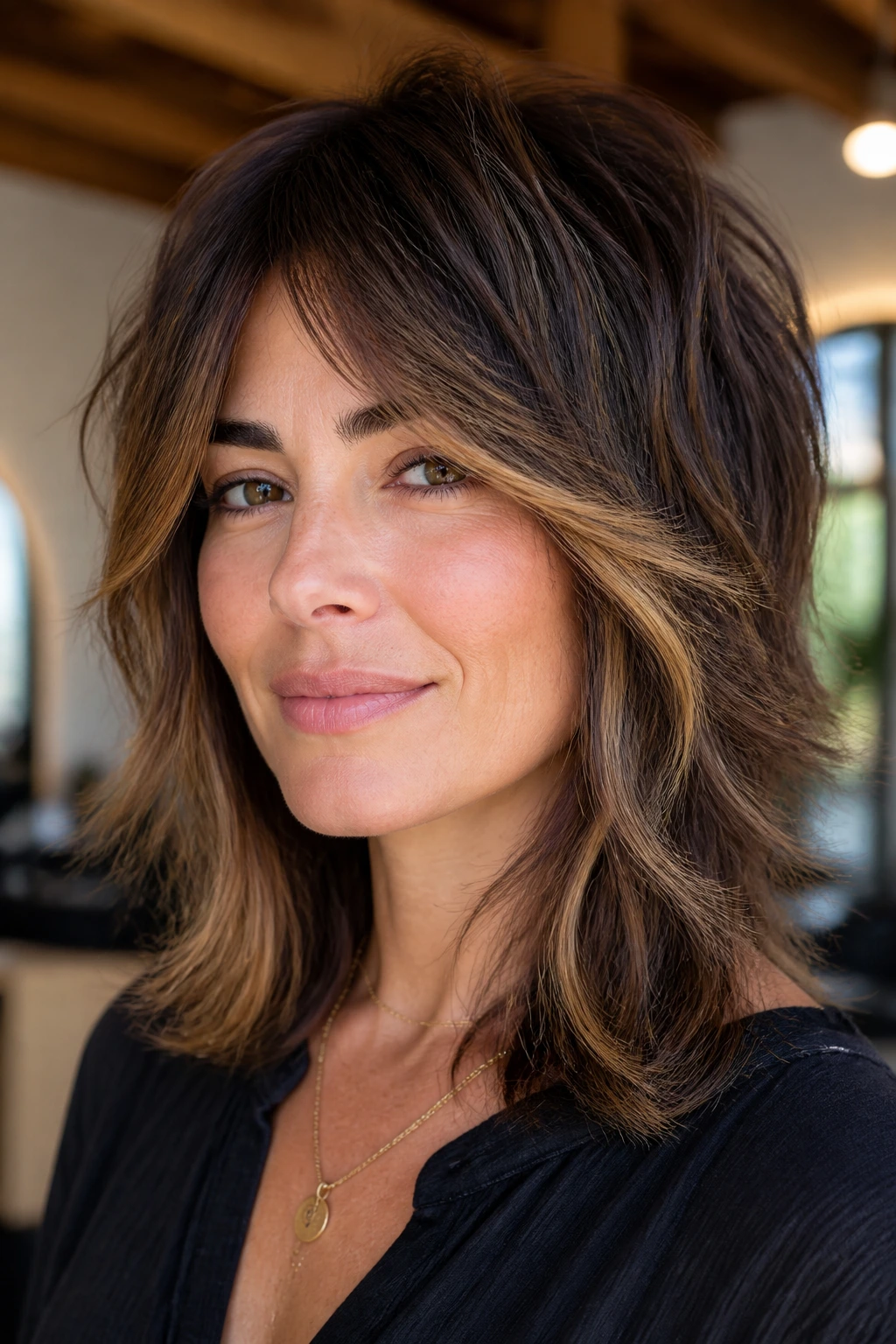 Close-up of a real woman with Balayage-Boosted Shag showing face-framing highlights