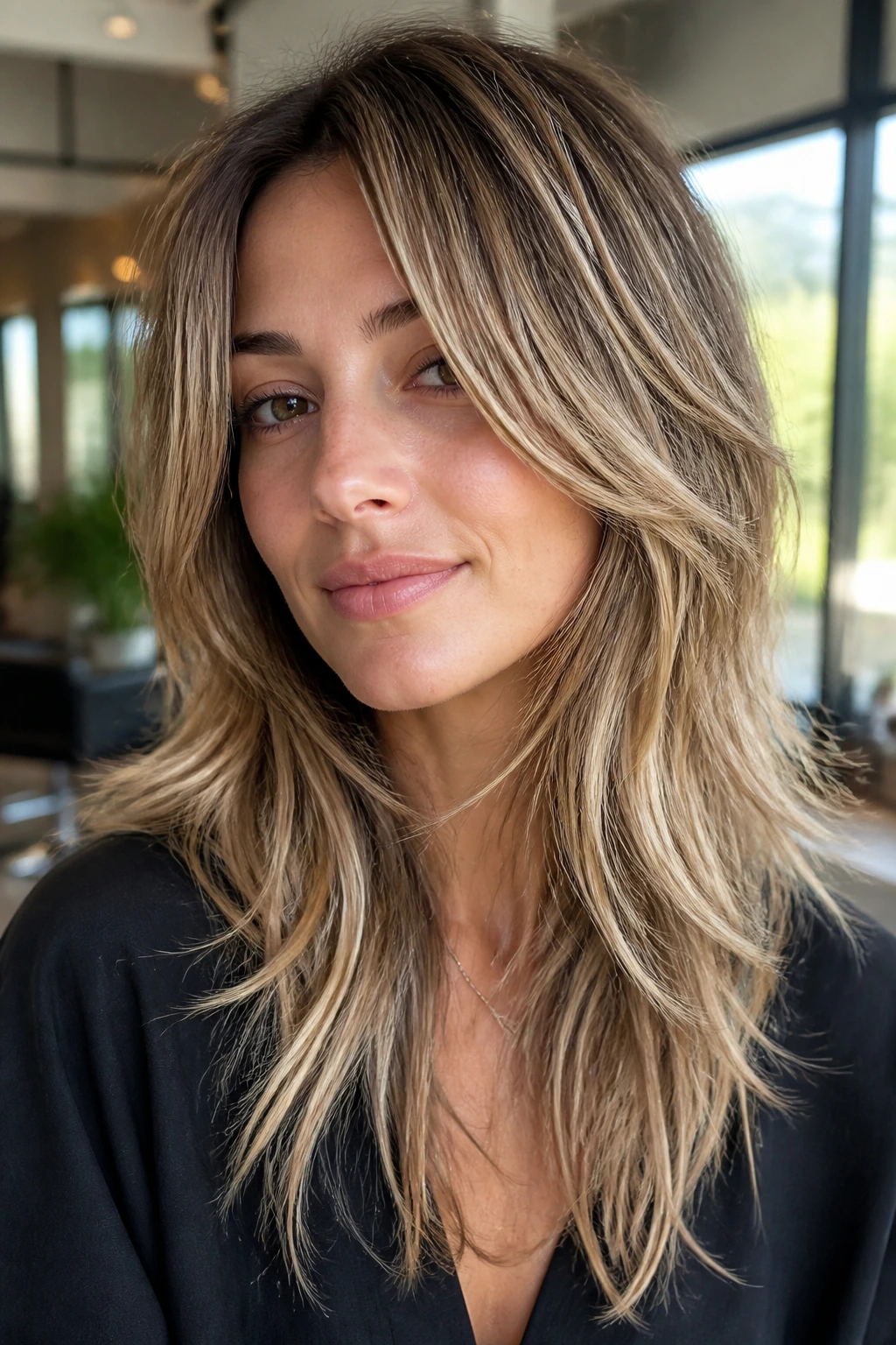 Close-up portrait of a real woman with a piecey balayage shag and ribbon highlights