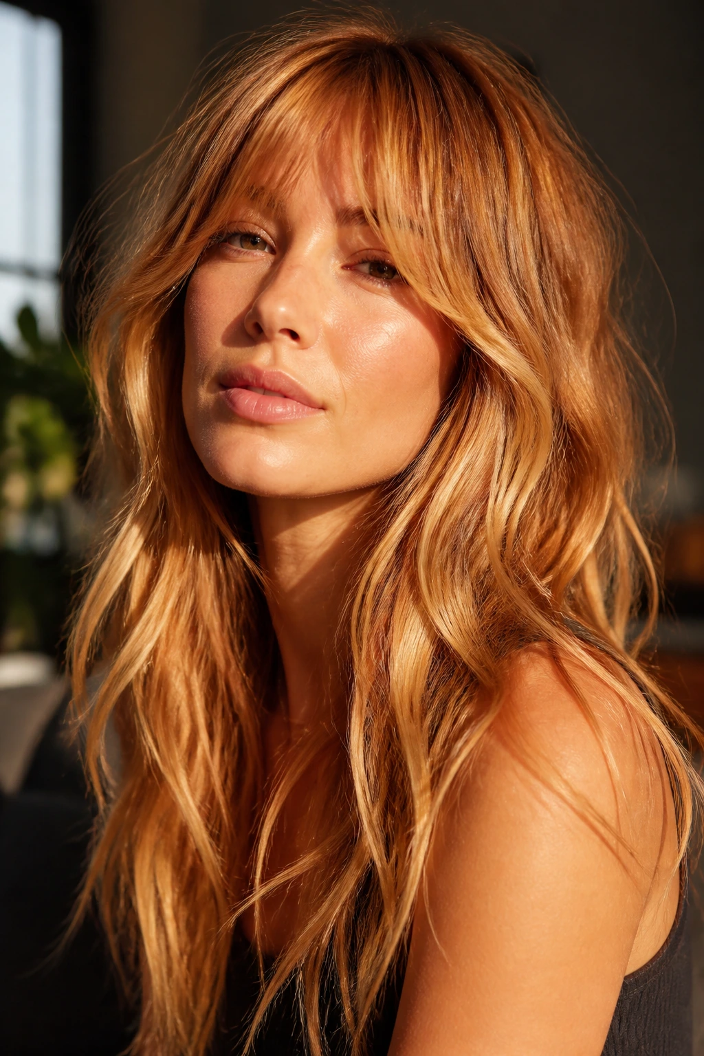Portrait of real woman with sunlit balayage shag and soft contrast.