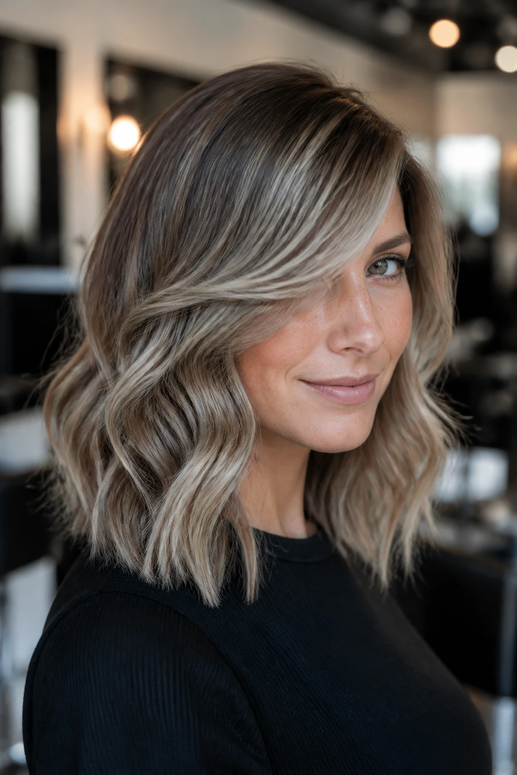 Portrait of a real woman with cool-toned balayage and side-swept fringe in a sunlit salon