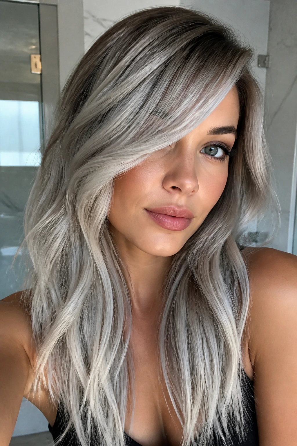 Close-up of a real woman with Arctic Silver balayage and side-swept bangs
