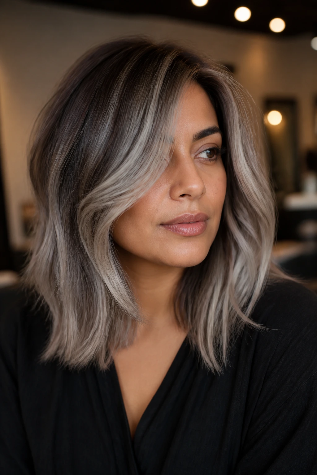 Portrait of a woman with smoky silver balayage on soft layered hair