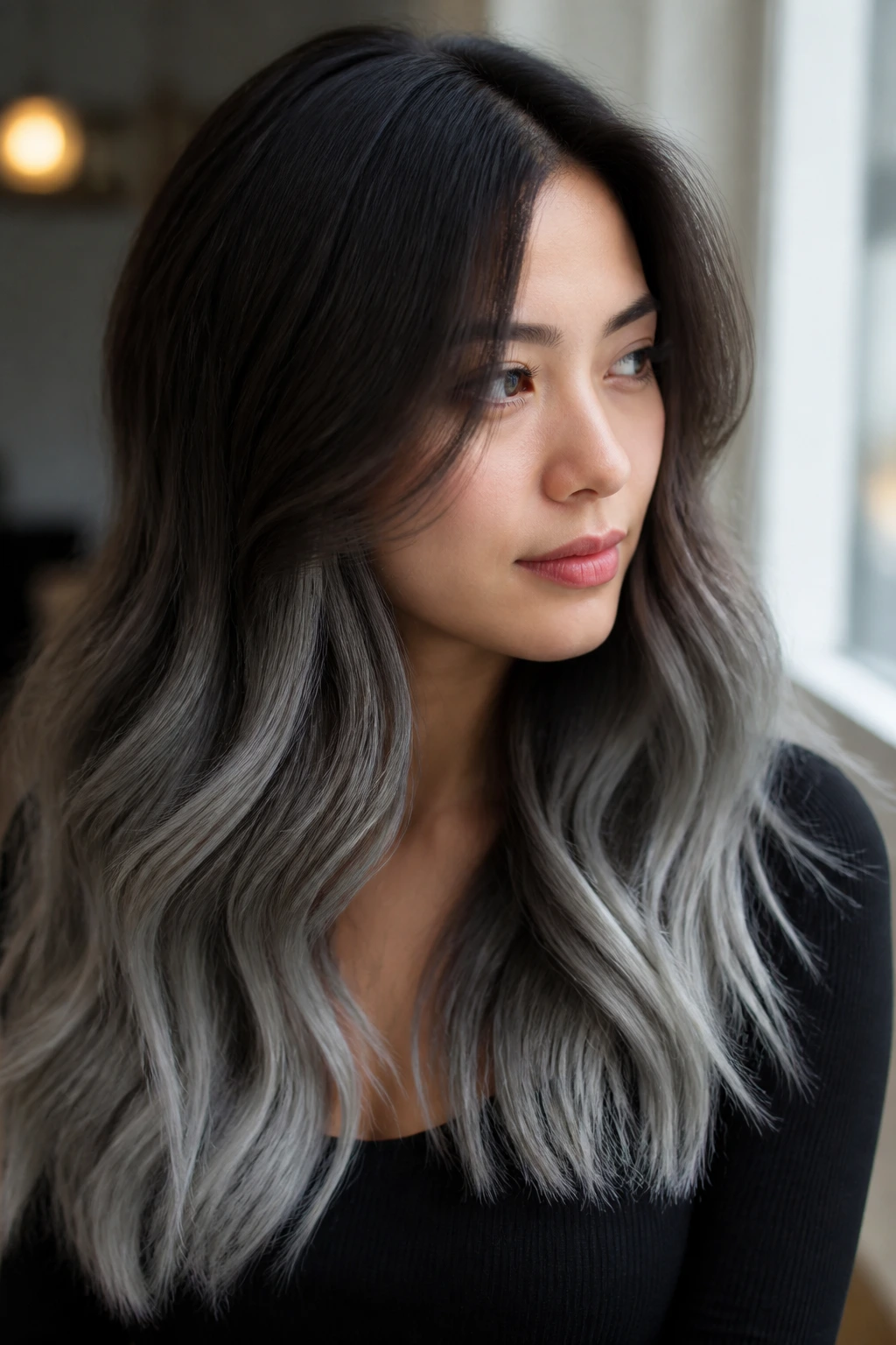 Close-up of a woman with silver ombré on chocolate brown hair