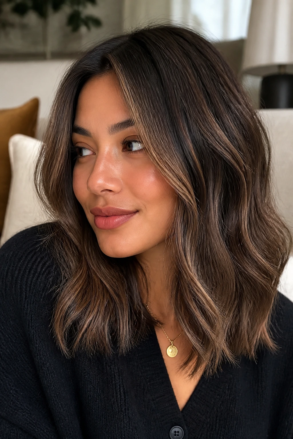 Close-up of a real woman with smoke-brown reverse balayage adding depth