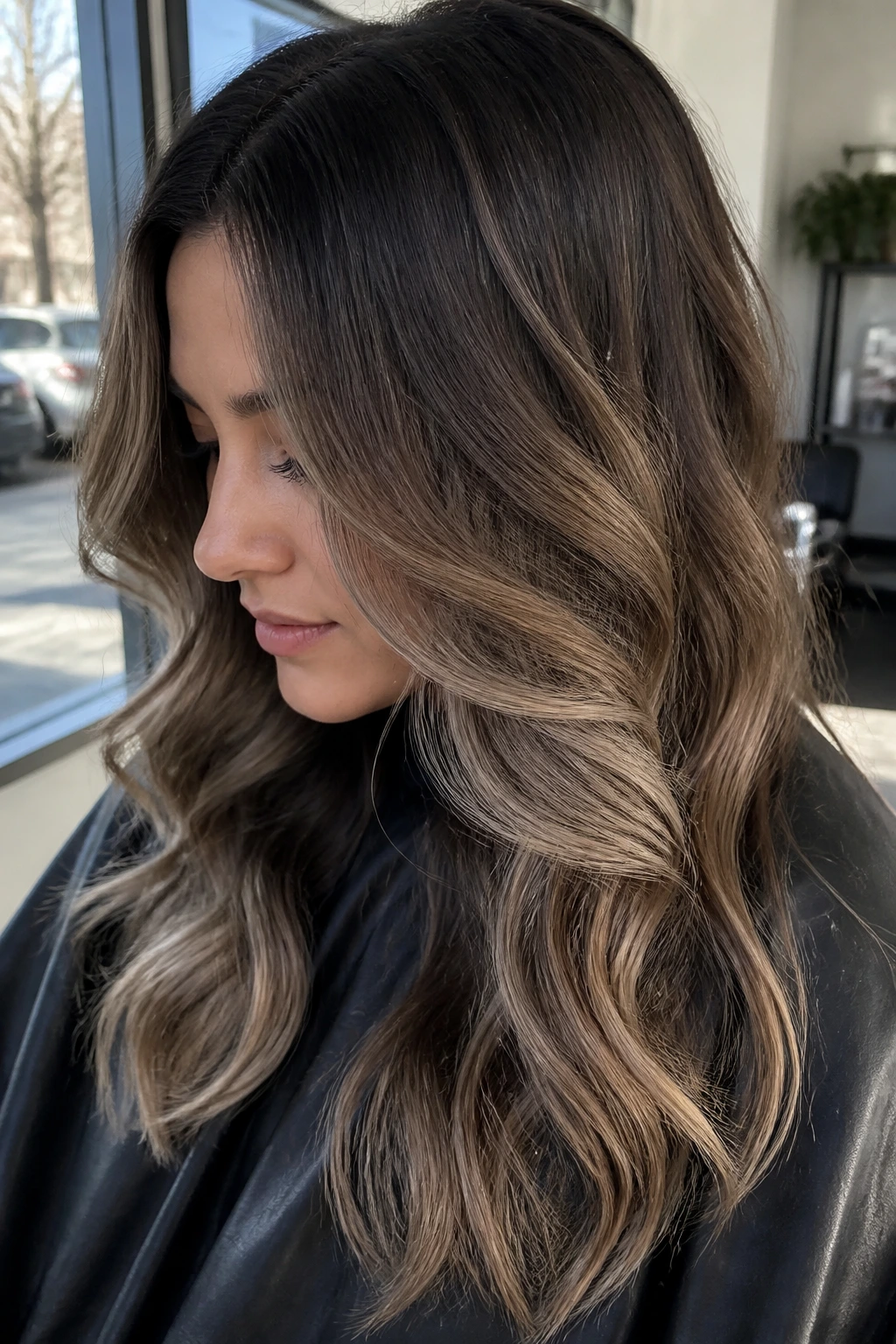 Close-up of a real woman's wavy brunette hair with smoky ash caramel balayage