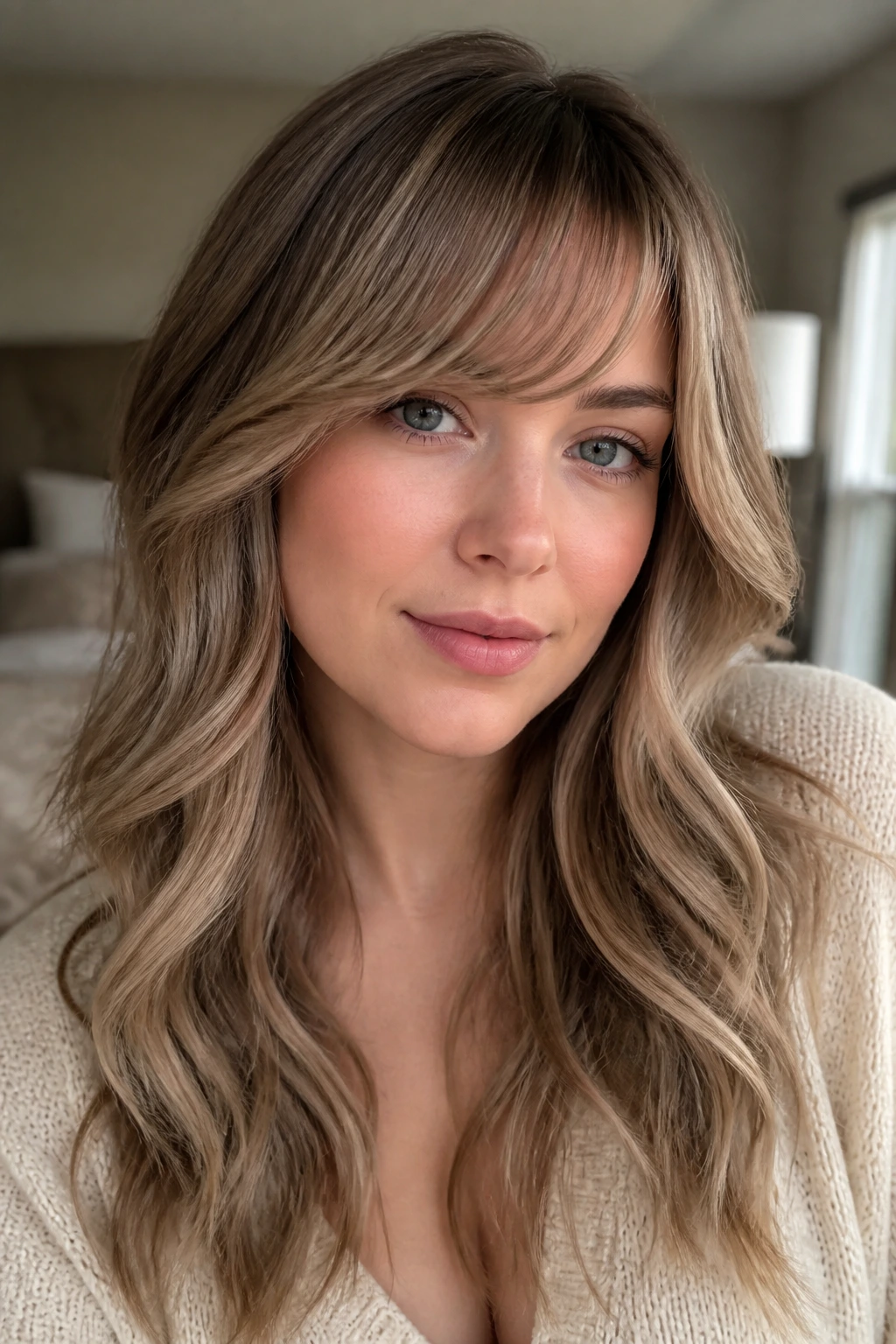 Portrait of a woman with smoky beige balayage and curved bangs