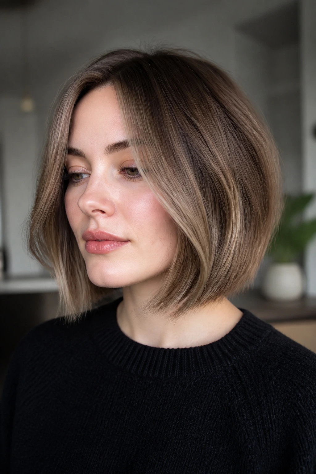 Portrait of woman with smoky bronze balayage on a bob