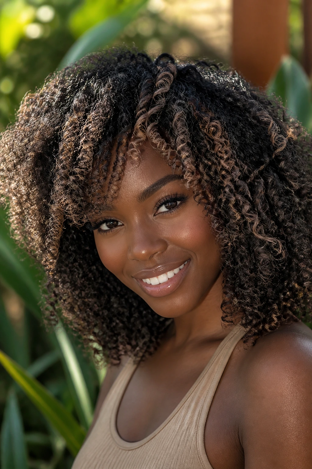 Close-up of wash-and-go curls with smoky mocha balayage on a real person