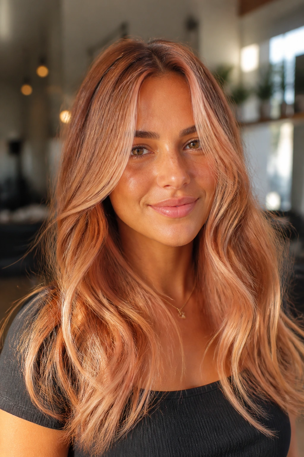 Portrait of a woman with dimensional strawberry blonde balayage glow