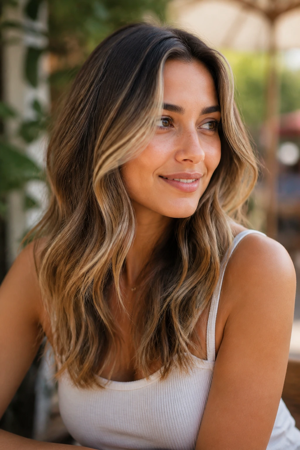 Close-up portrait of a real woman with grown-out balayage and soft waves on brunette hair.