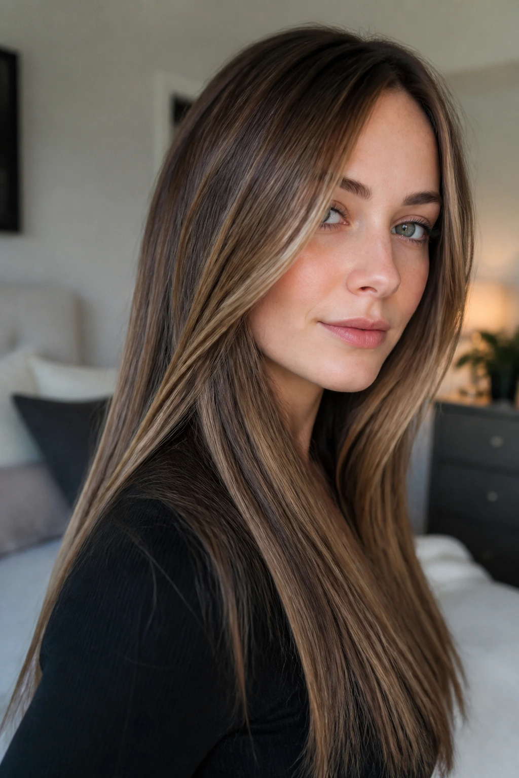 Close-up of straight hair with diagonal ribbons balayage on fair skin.