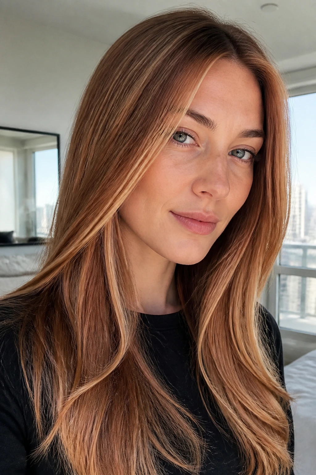 Close-up of long straight strawberry blonde hair with strategic balayage around the face