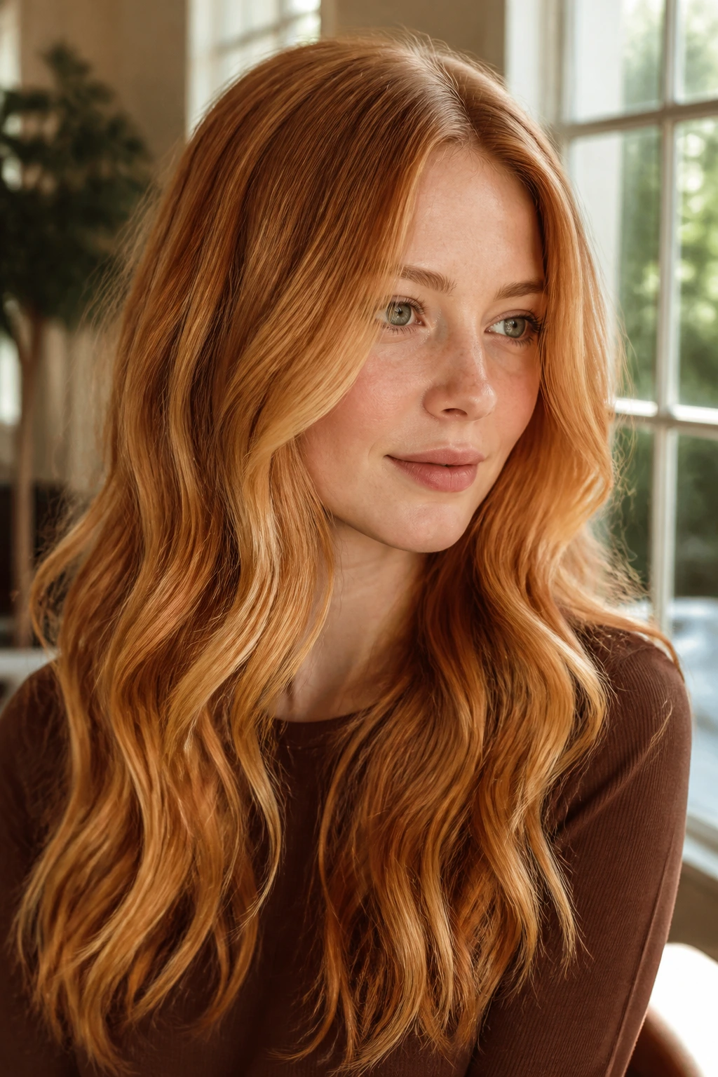 Long hair with golden strawberry balayage ribbons in a sunlit room
