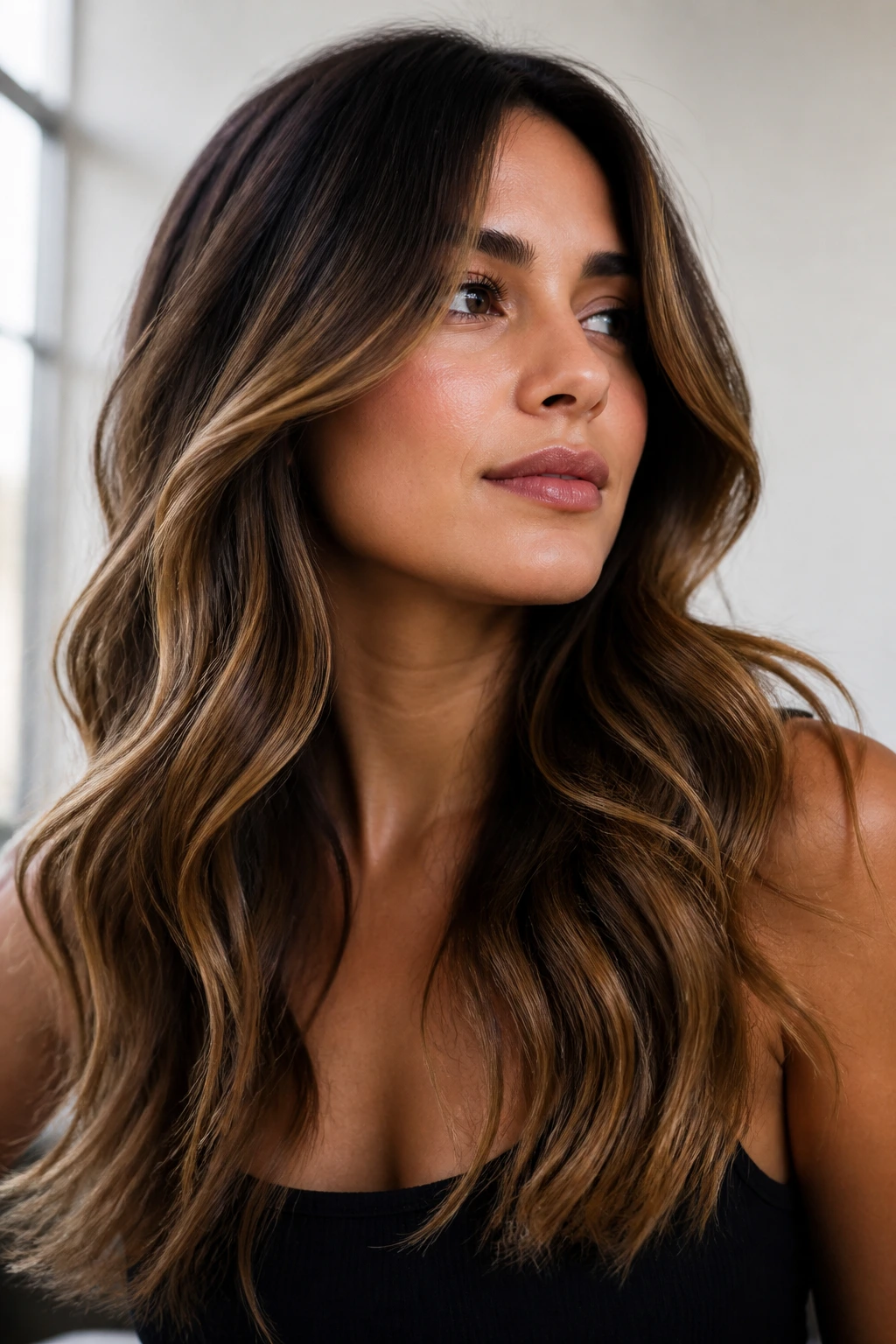 Portrait of brunette with caramel balayage styled in loose waves to highlight color.
