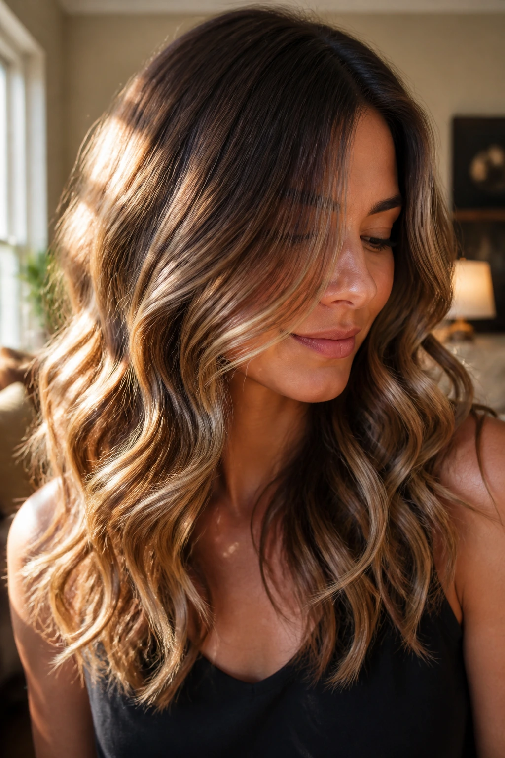 Close-up of a real woman showcasing sunlit brunette balayage with wavy hair and sun-kissed highlights