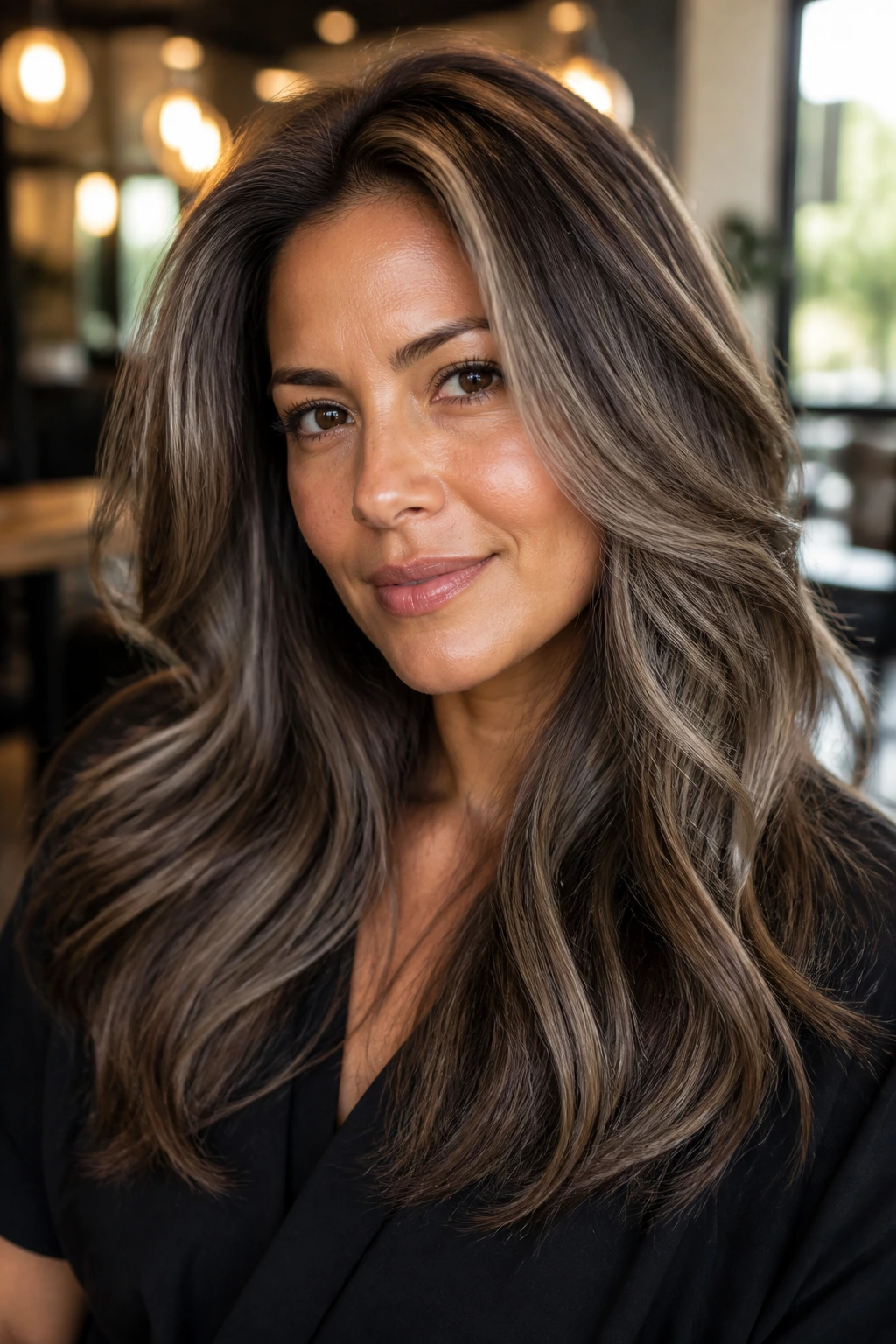 Close-up of real person with mushroom brown balayage on tan skin, thick hair.