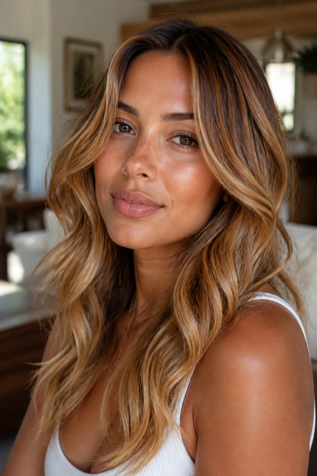 Close-up of a real person showing strawberry blonde balayage shaping on tan skin