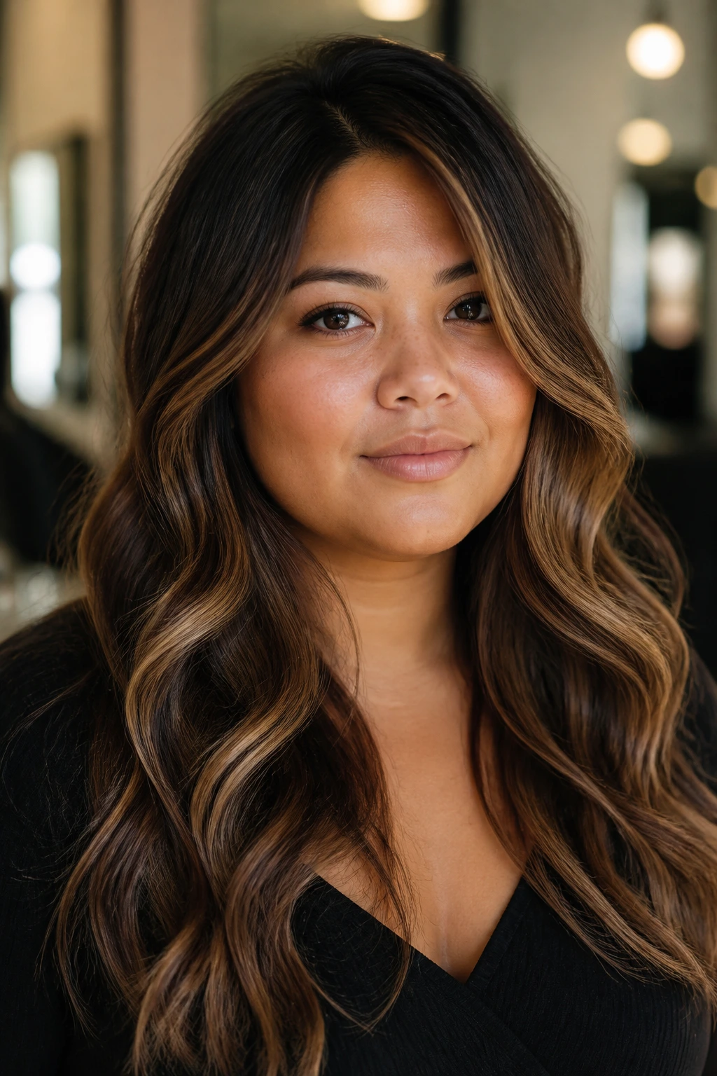 Close-up portrait of a real person with tan skin and a round face showing face-lengthening balayage ribbons below the cheekbone