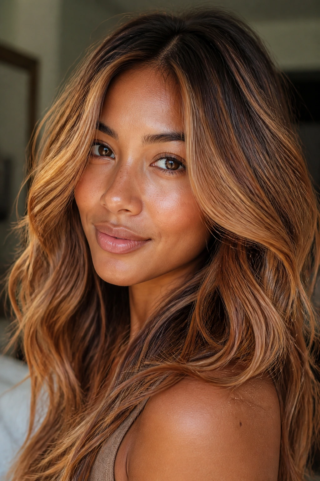 Close-up portrait of a woman with strawberry blonde balayage on tan skin featuring warm copper and apricot ribbons