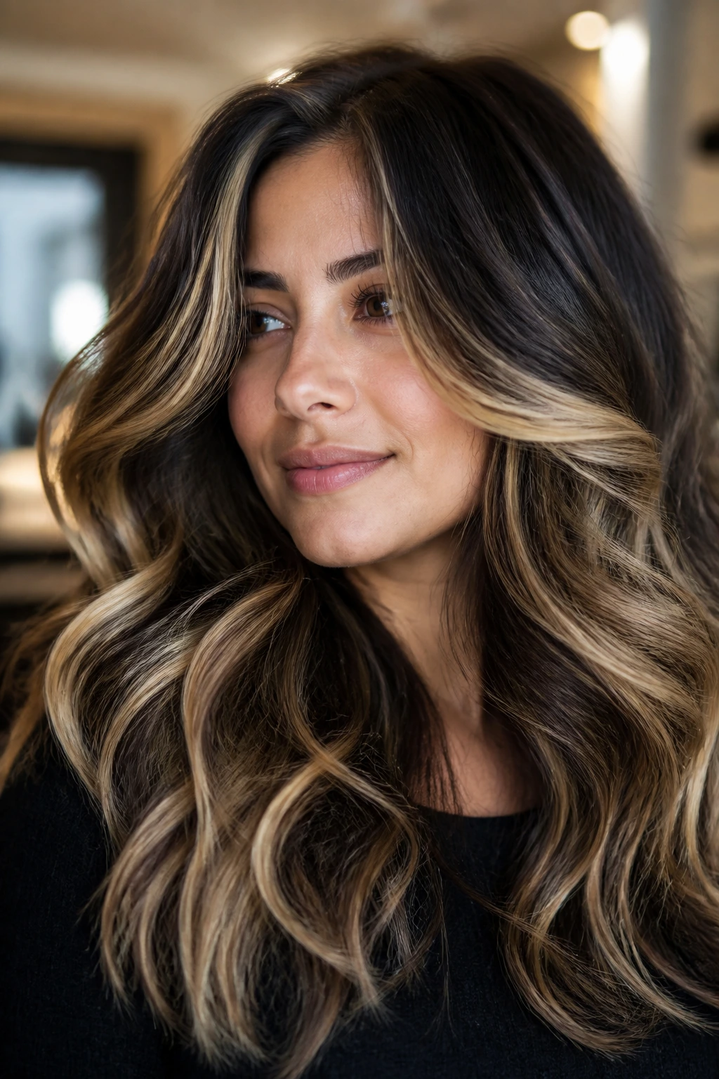 Portrait showing strategic balayage placement on thick hair around the face.