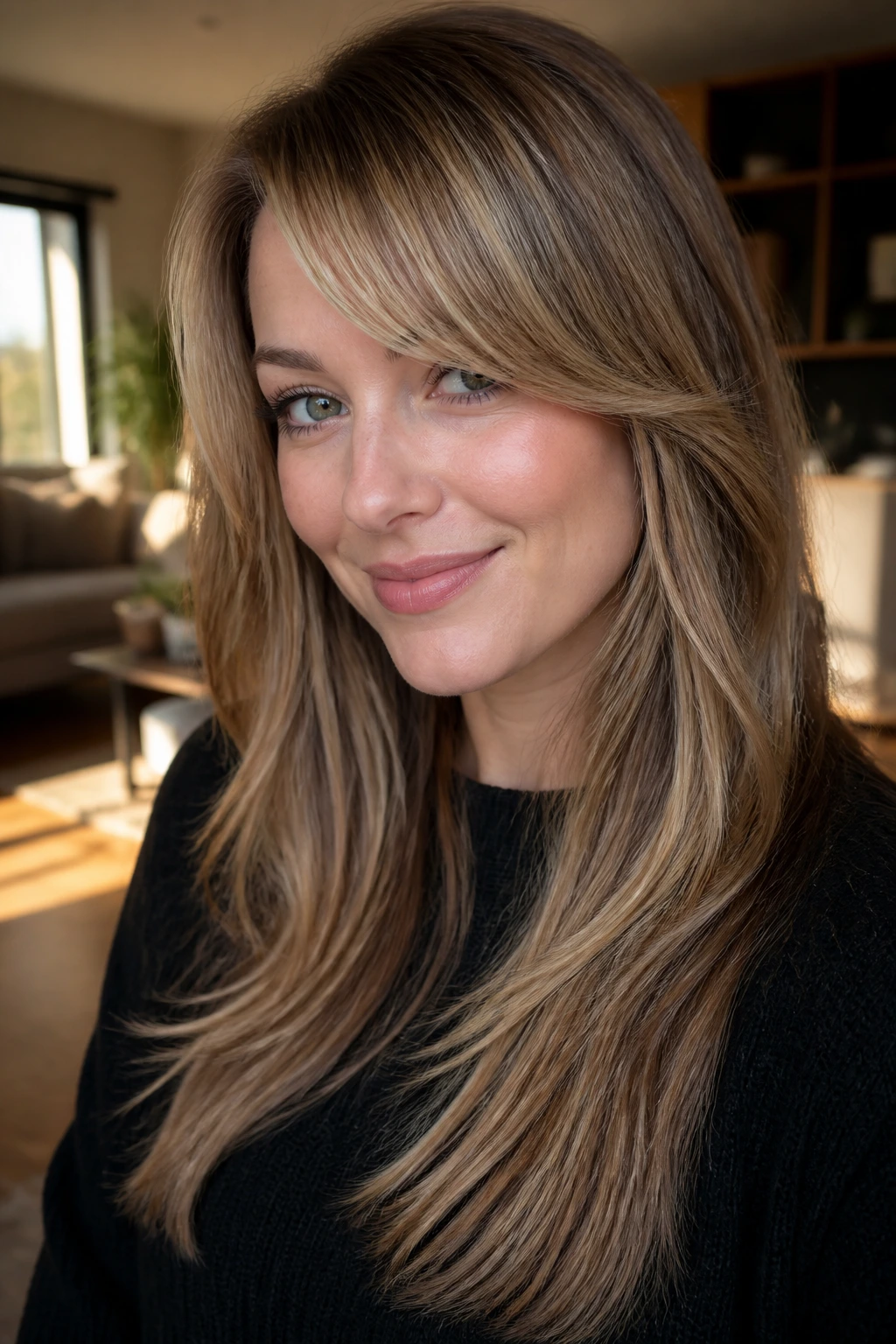 Close-up portrait of a real person with toasted almond balayage and side-bent bangs.