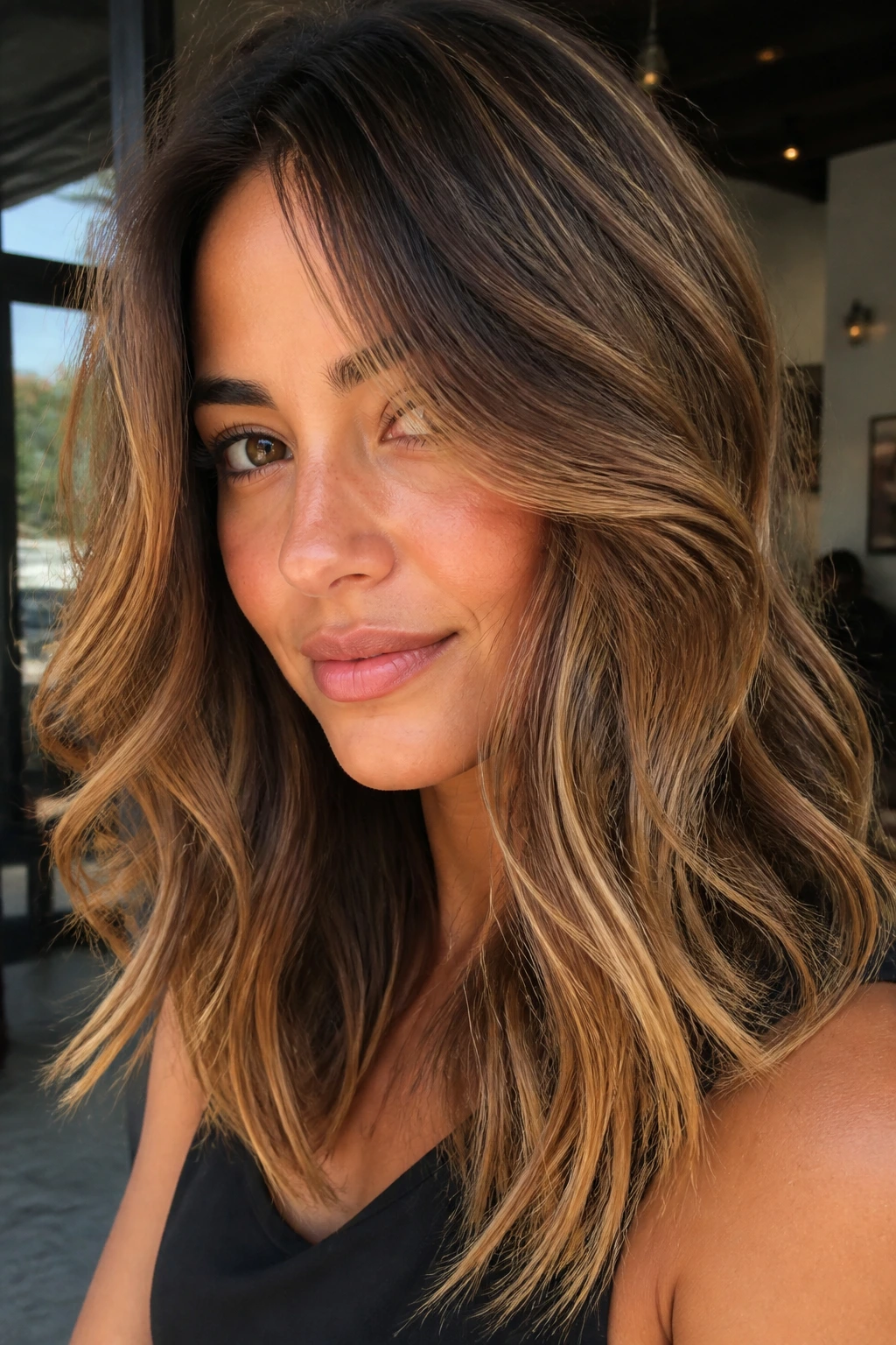 Portrait of a real woman with toffee bronde balayage sweep.