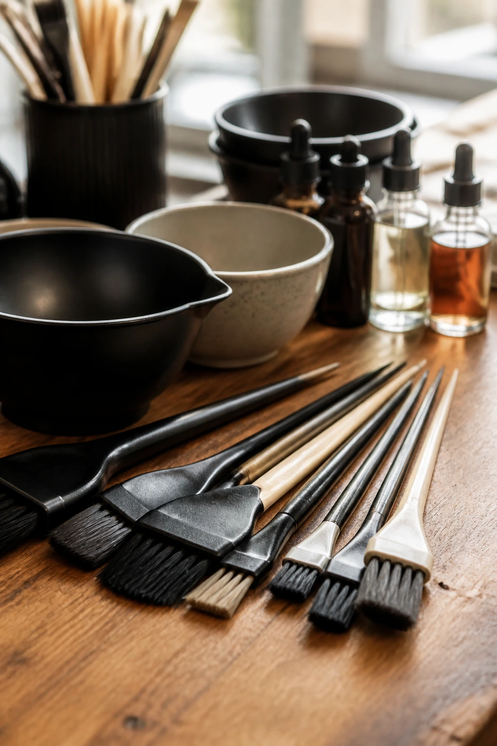 Close-up of balayage brushes, tint bowls, and gloss bottles on a wooden salon counter