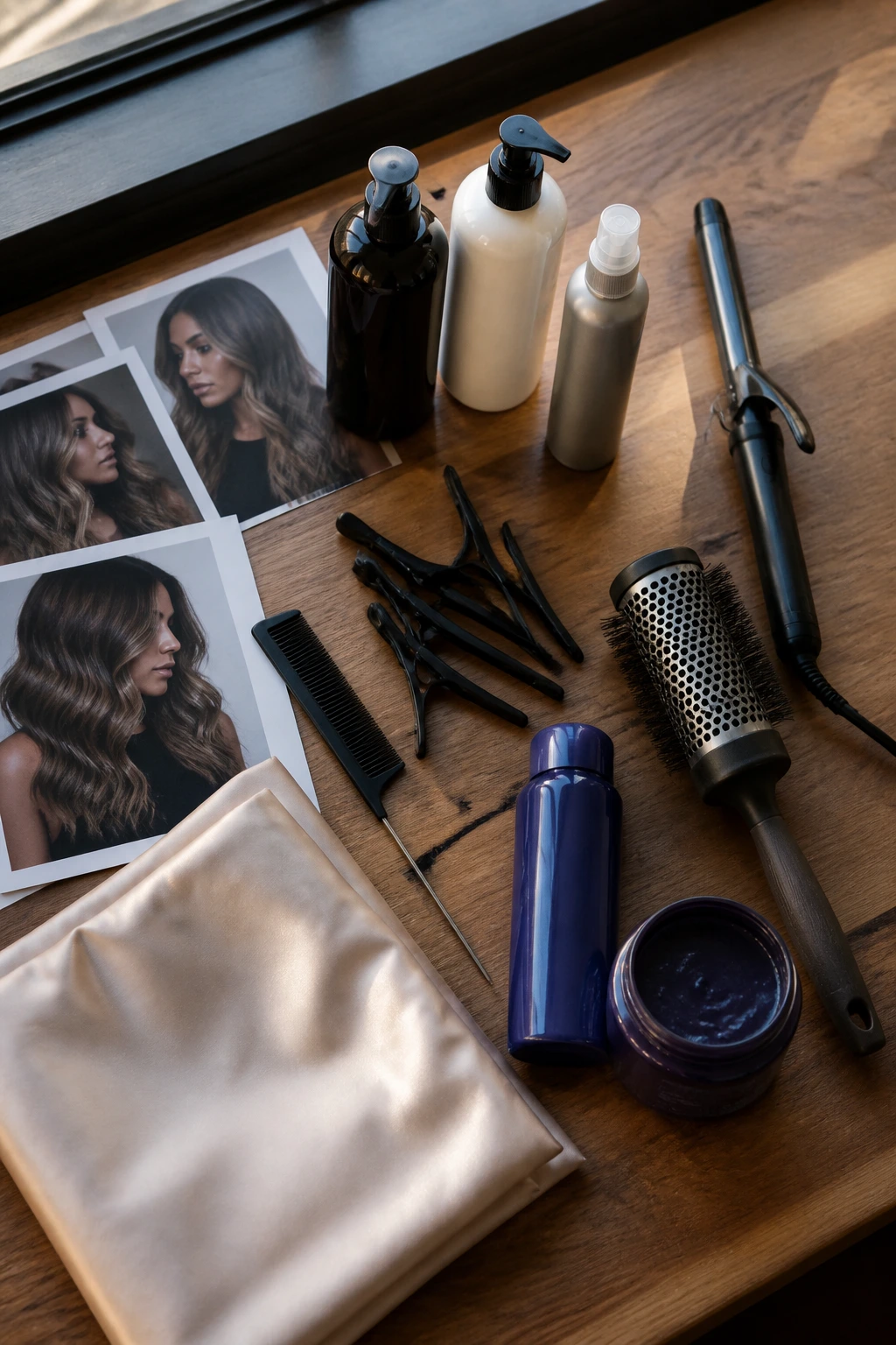 Flat lay of essential balayage consultation and styling tools