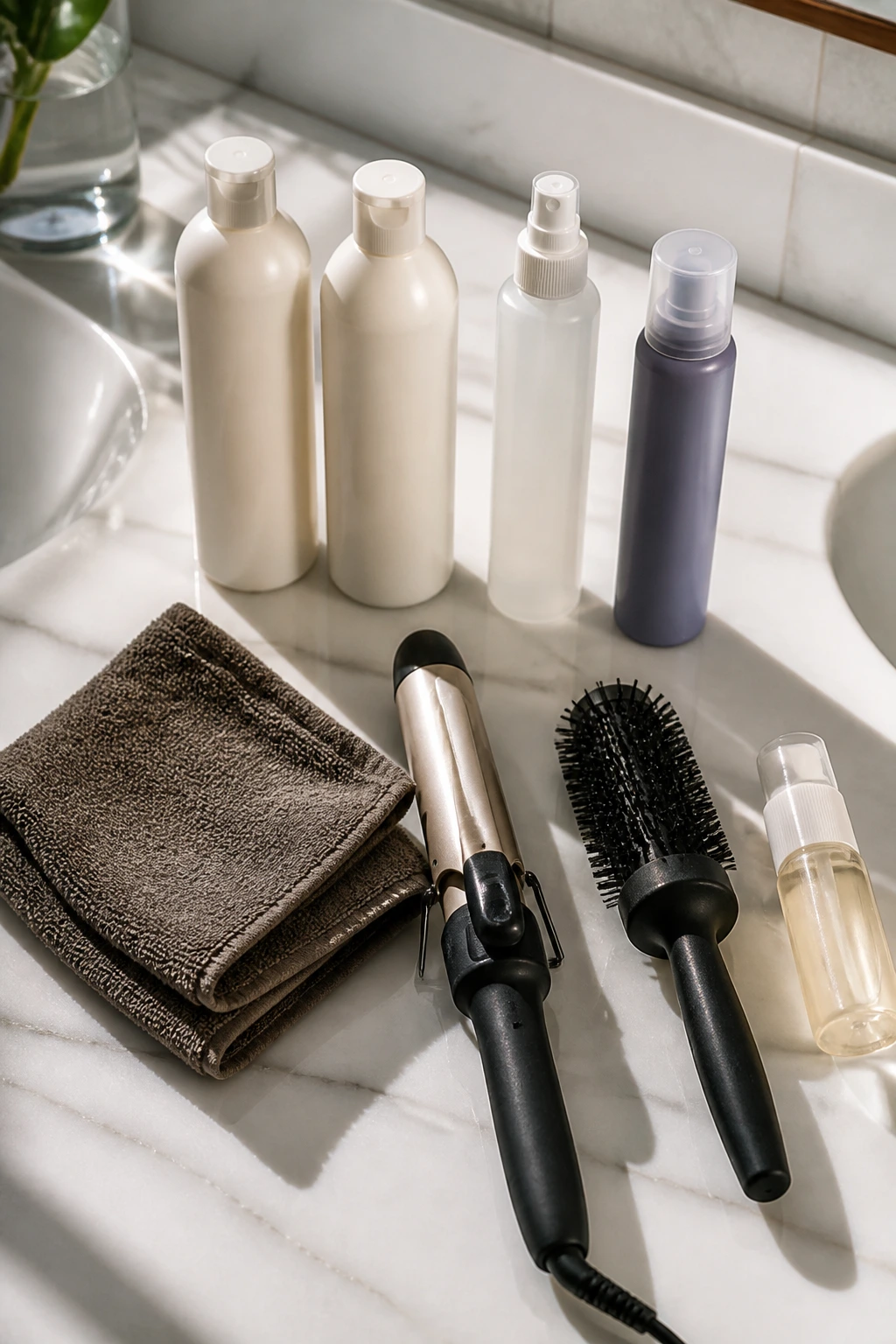 Flat lay of unlabeled haircare products and tools for balayage maintenance.