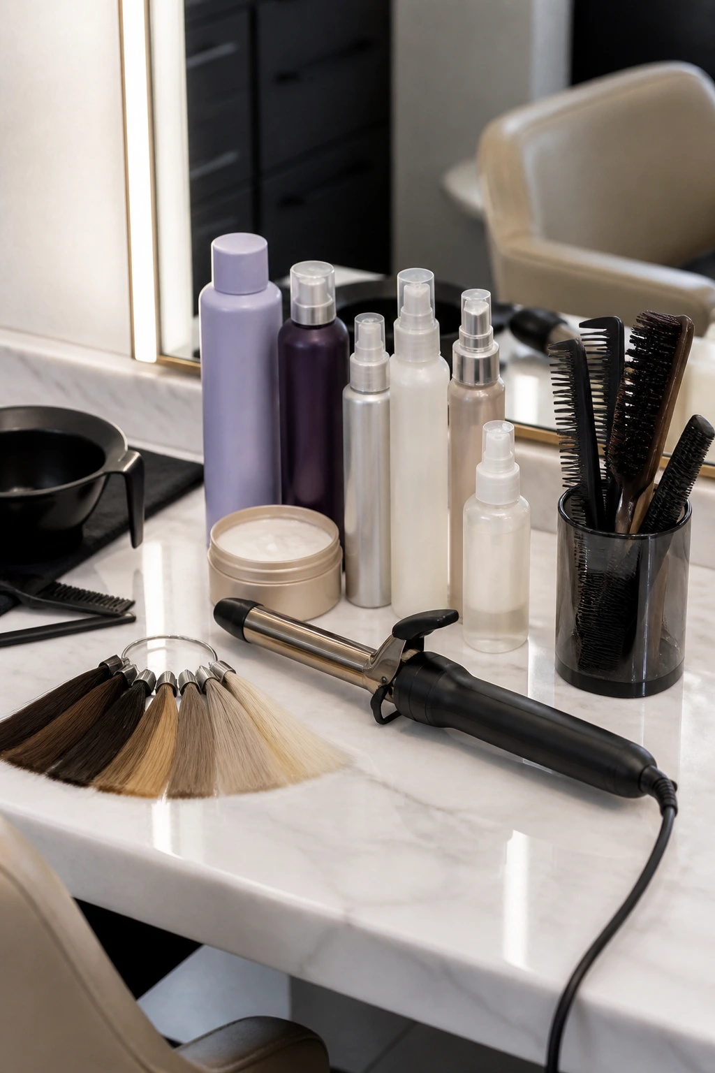 Minimalist still-life of hair tools and unlabeled products for platinum balayage