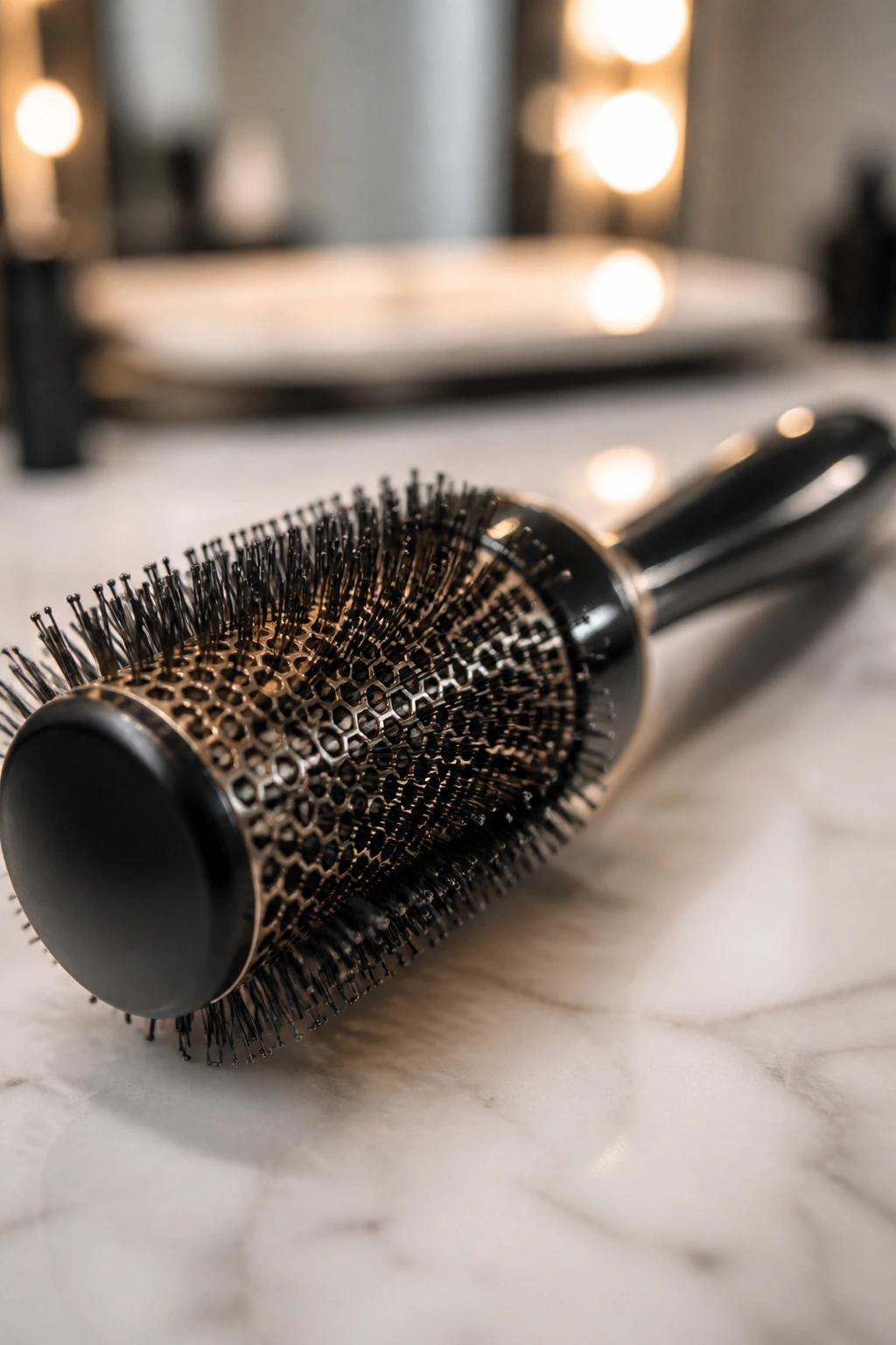 Close-up of a round brush for balayage styling on a clean surface