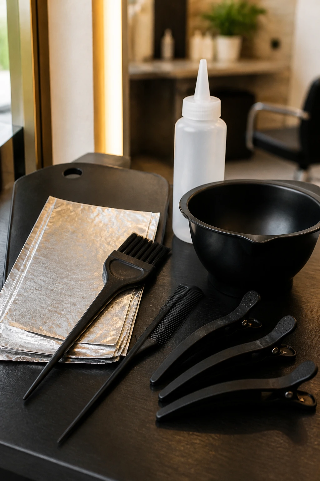 Close-up of essential balayage tools on a salon counter with warm lighting