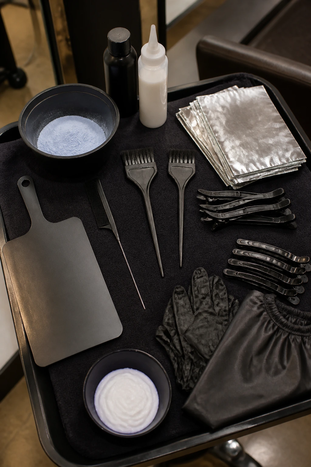 Close-up of essential balayage tools arranged on a salon workstation.