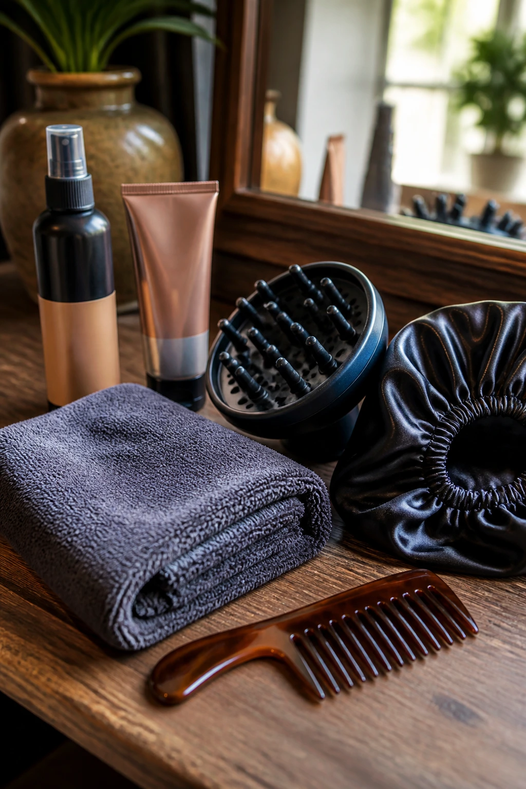 Close-up of essential hair tools for balayage: towel, diffuser, comb, satin bonnet, heat protectant, and glaze