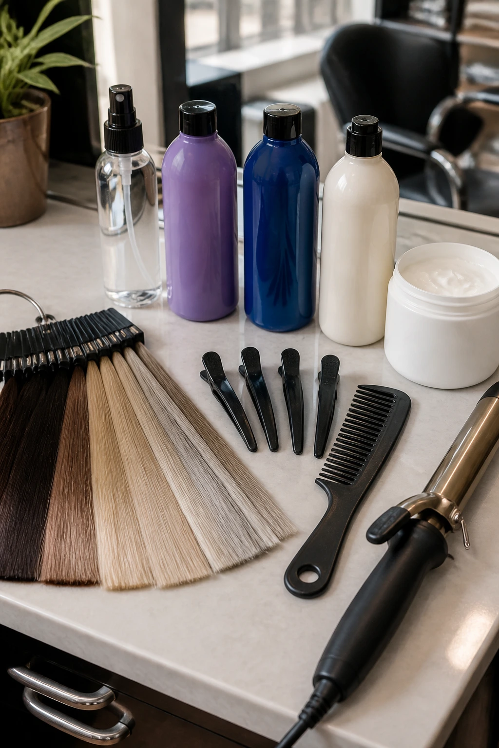 Close-up still-life of balayage tools on a salon counter