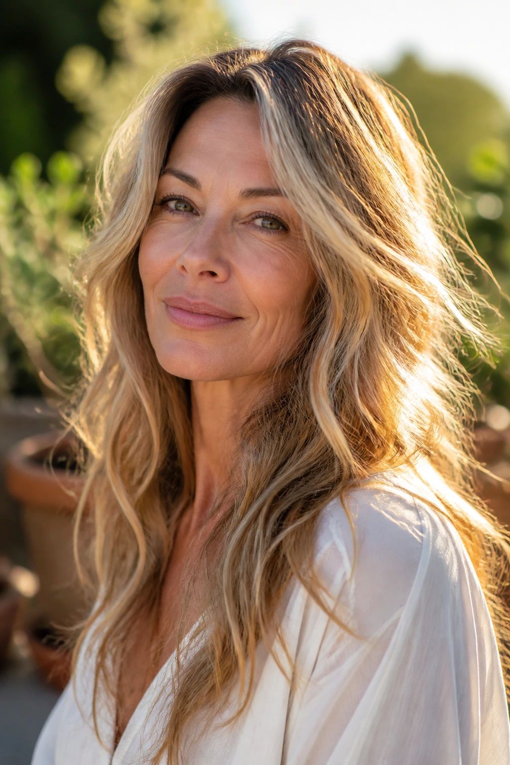 Close-up of a real woman with sunlit balayage and tousled waves in natural golden-hour light.