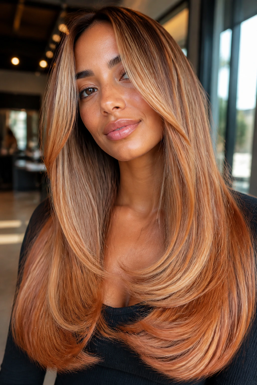 Close-up of a real woman with U-cut and glossy strawberry-blonde balayage in warm salon light