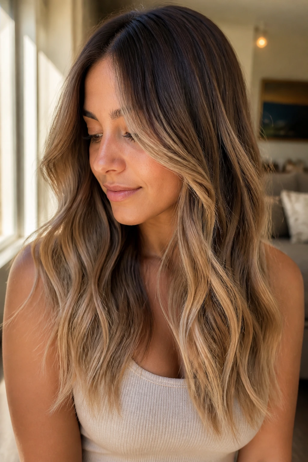 Portrait of brunette with vanilla chai balayage highlighting mids and ends