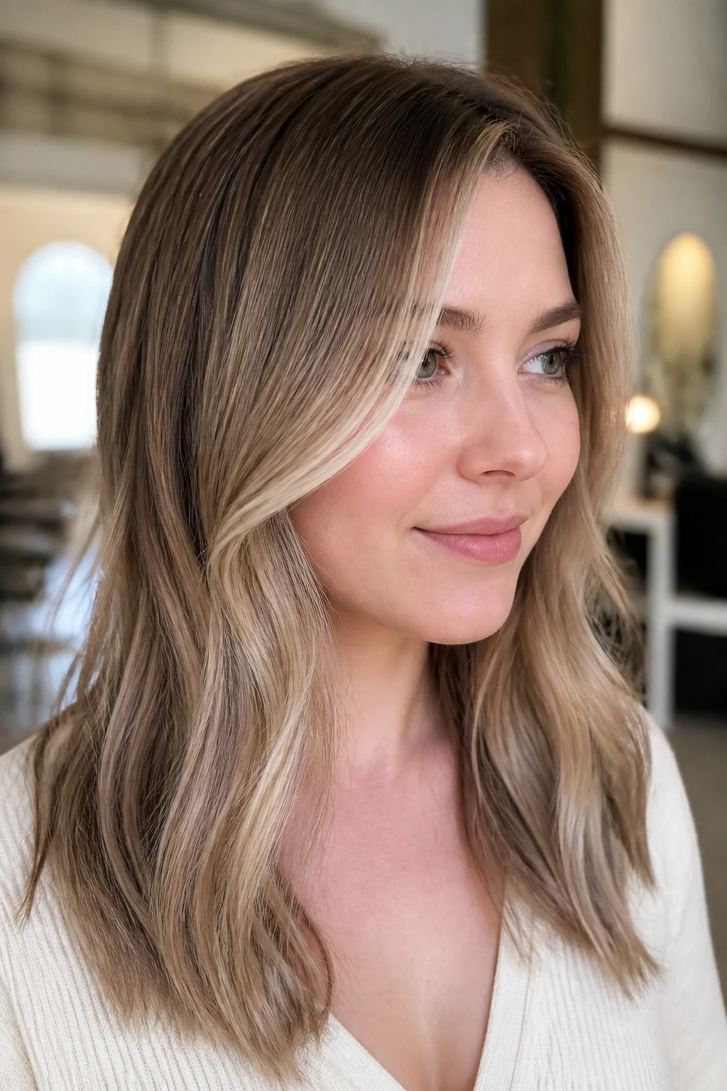 Portrait of woman with vanilla chai balayage and face-framing ribbons
