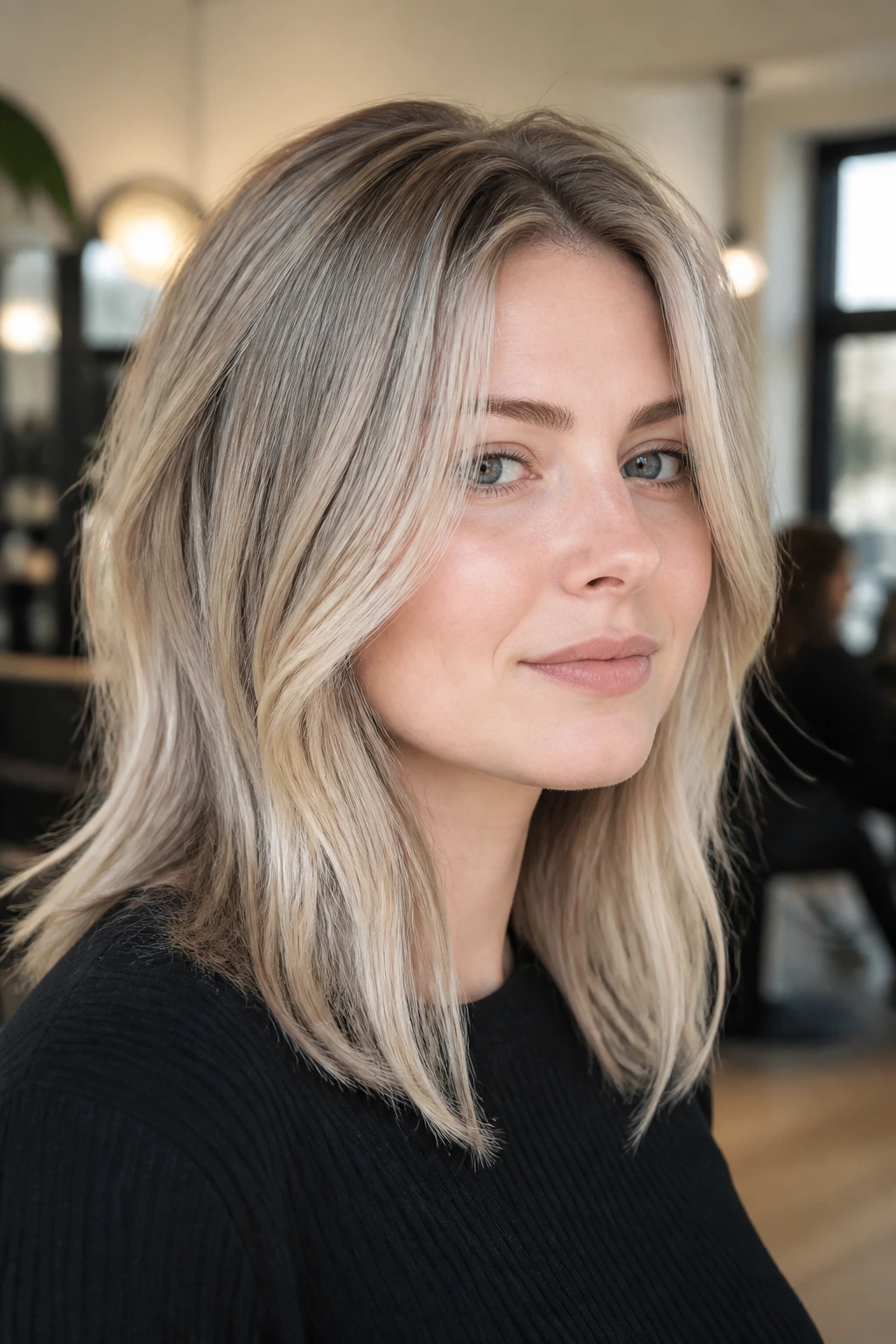 Close-up portrait of a real woman with vanilla smoke balayage in soft salon light.