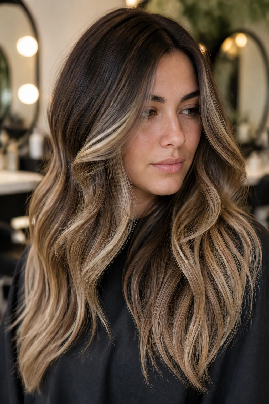 Medium close-up of brunette with ash and honey balayage tones