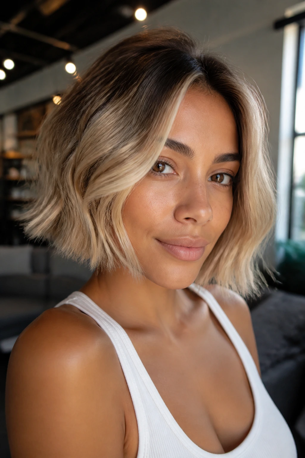 Portrait of a real woman with short blonde balayage showing beige ends and warm root fade.