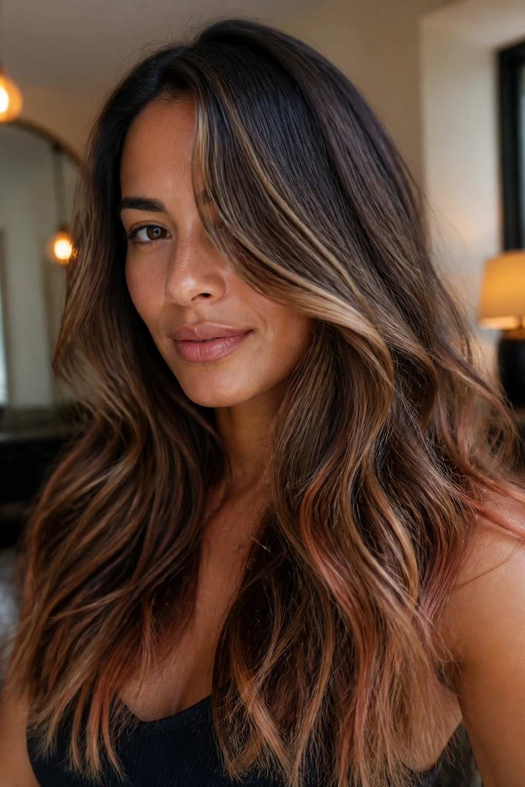 Portrait of a real person with beige-gold and cinnamon-toned balayage variations.