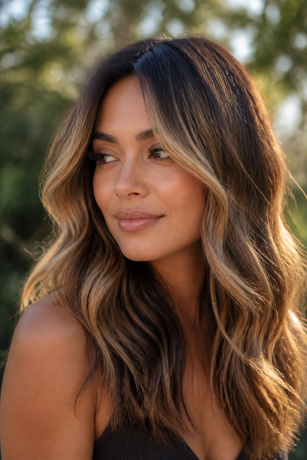 Real person with varied caramel shades in balayage for warmth and depth